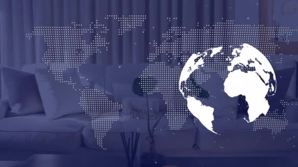 Animatie Van Wereldbol Wereldkaart Gegevensverwerking Woonkamer Wereldwijd Interieur Vastgoedconcept Digitaal — Stockvideo