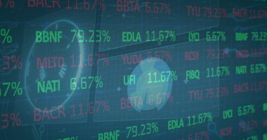 Yeşil arka planda tarama yapan borsa görüntüsü. Küresel finansman, bilgisayar ve dijital arayüz kavramı dijital olarak oluşturulmuş görüntü.