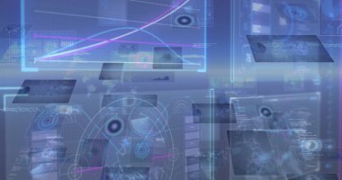 Mavi arkaplan üzerinde hareket eden ekranların veri işleme görüntüsü. Küresel bağlantılar, veri işleme ve dijital arayüz konsepti dijital olarak oluşturulmuş resim.