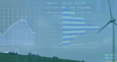 Rüzgar türbini üzerinde veri işleme görüntüsü. Küresel ekoloji ve dijital arayüz kavramı dijital olarak oluşturulmuş görüntü.