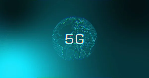 Image of rotating globe and 5g on blue background. Network, connections, communication and technology concept digitally generated image.