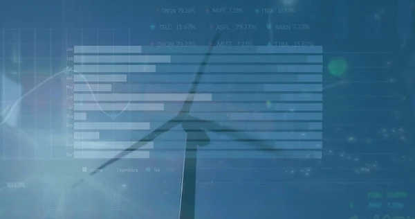 Image of data processing over wind turbine. Global ecology and digital interface concept digitally generated image.
