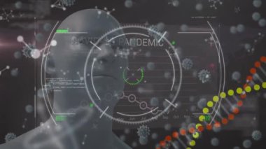 Bilimsel verilerin animasyonu, DNA, insan kafası modeli ve kırmızı ve siyah arka plan üzerinde salgın. Bilim, tıp ve salgın konsepti dijital olarak üretilen video.