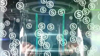 Amerikan dolar sembollerinin animasyonu, DNA ipliği ve beyaz iş adamının veri işlemesi. Küresel hesaplama, veri işleme ve bağlantılar konsepti dijital olarak oluşturulmuş video.
