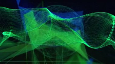 Dünya üzerinde yüzen 3D yeşil ağ yapısının animasyonu ve siyah arkaplanda mavi şekiller. İletişim teknolojisi, soyut dijital arayüz arka plan kavramı dijital olarak oluşturulmuş video.