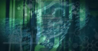 Animation of digital padlock, data nd hexagons over caucasian woman checking servers. Network, connections, data processing and technology concept digitally generated video.