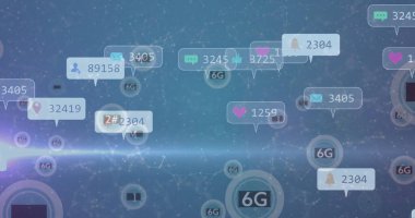 Bağlantılar ağı ve 6g metin üzerinde numaraları olan sosyal medya simgelerinin resmi. Küresel sosyal medya, bağlantılar ve dijital arayüz konsepti dijital olarak oluşturulmuş görüntü.