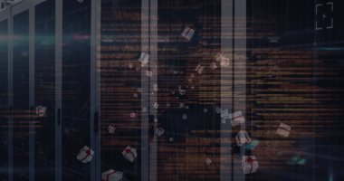 Sunucu odasının üzerinde veri işleme ve mevcut simgelerin resmi. Küresel teknoloji, bilgisayar ve dijital arayüz kavramı dijital olarak oluşturulmuş görüntü.