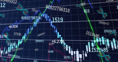 Siyah arkaplanda DNA iplikçikleri üzerinde veri işleme resmi. Küresel teknoloji, bilgisayar ve dijital arayüz kavramı dijital olarak oluşturulmuş görüntü.