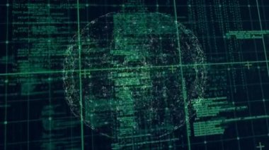 Karanlık arka planda veri işleme ve bağlantı ağının animasyonu. Dijital olarak oluşturulmuş küresel bağlantılar, veri işleme ve dijital arayüz kavramı.