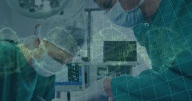 Animation of dna rotating over caucasian female and male surgeons during operation. health, medicine, science and technology concept digitally generated video.