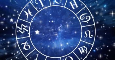 Animation of horoscope symbols over stars on blue background. Horoscope and digital interface concept digitally generated video.