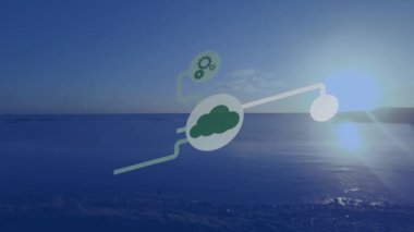Deniz manzarası üzerinde teknoloji simgelerinin canlandırılması. küresel ağ, veri işleme ve teknoloji konsepti dijital olarak oluşturulmuş video.