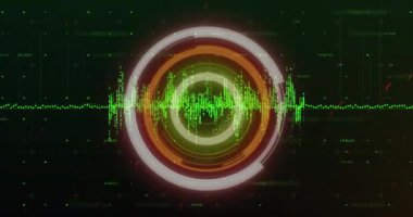Siyah arkaplanla neon yuvarlak tarayıcı üzerinde veri işleme dijital animasyonu. İş teknolojisi kavramı