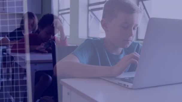 Digital Interface Data Processing Caucasian Boy Using Laptop Class School — Stockvideo