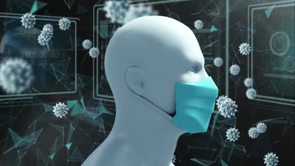 Animation Covid Cells Human Head Wearing Face Mask Data Processing — Αρχείο Βίντεο
