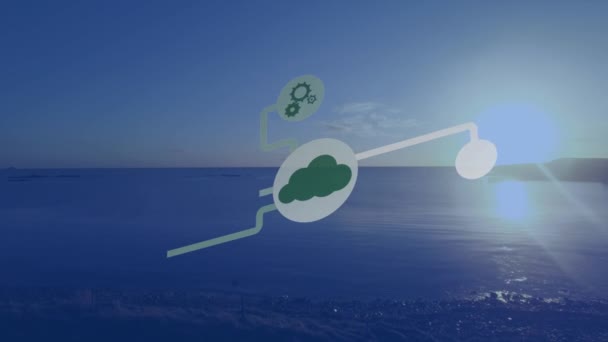 Deniz Manzarası Üzerinde Teknoloji Simgelerinin Canlandırılması Küresel Veri Işleme Teknoloji — Stok video