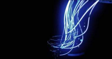 Siyah arkaplan üzerinde ışık izleri. Soyut arkaplan ve dijital arayüz kavramı dijital olarak oluşturuldu.