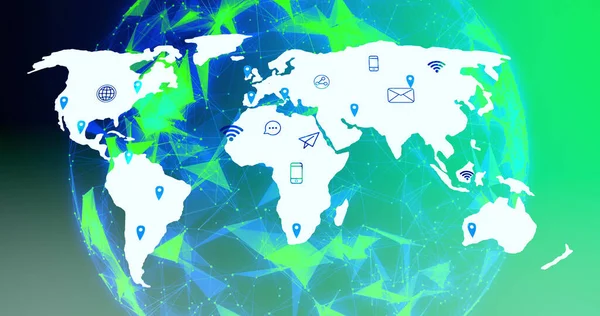 Image of world map with location marks and tech icons on green and blue background. Global network, connections, communication and technology concept digitally generated image.