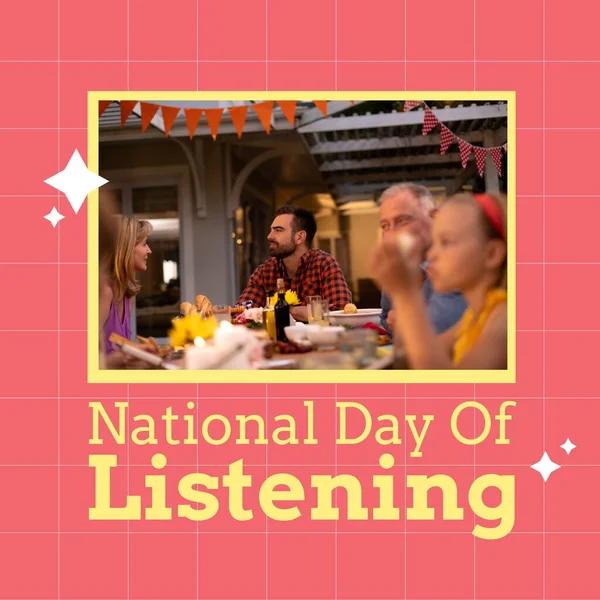 Image of national day of listening day text over caucasian family eating together at table. National day of listening concept.