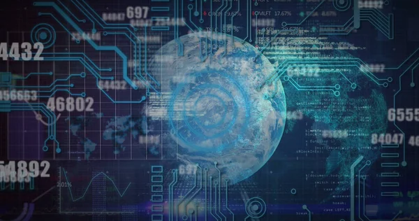Image of financial data processing over globe and computer circuit board. Global business, finances and digital interface concept digitally generated image.