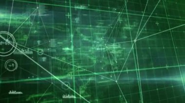 Karanlık arka planda veri işleme ve bağlantı ağının animasyonu. Dijital olarak oluşturulmuş küresel bağlantılar, veri işleme ve dijital arayüz kavramı.