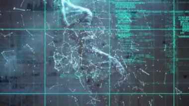 Animation of data processing over dna strand spinning. global science, research, digital interface and data processing concept digitally generated video.
