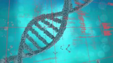 DNA ipliği üzerinde veri işleme animasyonu. küresel bilim, araştırma, dijital arayüz ve dijital olarak oluşturulmuş veri işleme kavramı.