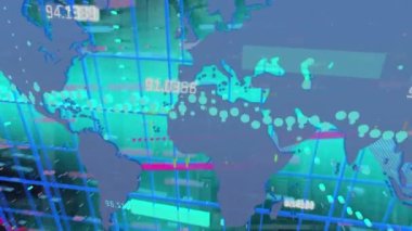 Animation of graphs, data and world map on green digital screen. Computers, network, global finance and economy concept digitally generated video.