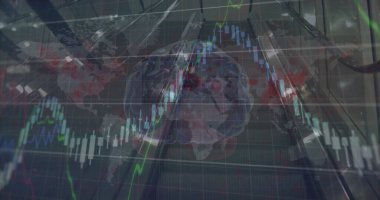 Dijital beyin ve yürüyen merdiven üzerinde işlenen finansal veri görüntüsü. Küresel finansman, bilgisayar ve dijital arayüz kavramı dijital olarak oluşturulmuş görüntü.