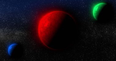 Siyah uzayda kırmızı, yeşil ve mavi gezegenlerin görüntüsü. Astronomi, kozmos, evren ve uzay keşfi konsepti dijital olarak oluşturuldu.