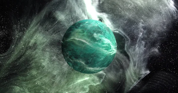 Image of green planet in green galaxy. Astronomy, cosmos, universe and space exploration concept digitally generated image.