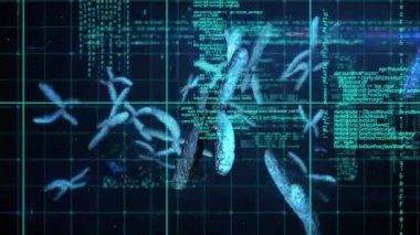3D DNA iplikçikleri üzerinde veri işleme animasyonu dönüyor. küresel bilim, hesaplama, veri işleme ve dijital arayüz kavramı dijital olarak oluşturulmuş video.