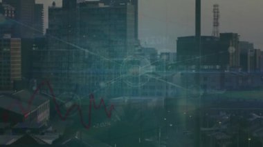Animation of network of connections with graphs over cityscape. Global network, connections, communication and technology concept digitally generated video.