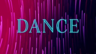 Koyu arkaplanda mor ışıklar üzerinde dans metninin animasyonu. Video oyunu, eğlence ve dijital arayüz kavramı dijital olarak oluşturuldu.