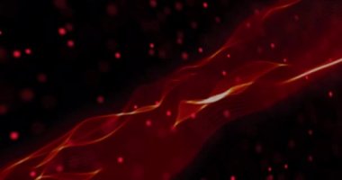 Kırmızı parçacıkların canlandırılması siyah arkaplanda dalgalanan kırmızı dumanla kıvrımlı bir yapı oluşturuyor. İletişim teknolojisi, soyut dijital arayüz arka plan kavramı dijital olarak oluşturulmuş video.