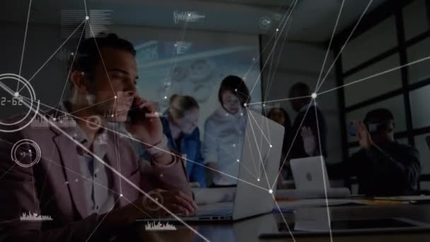 Network Connections Caucasian Businessman Talking Smartphone Using Laptop Office Global — Vídeo de stock