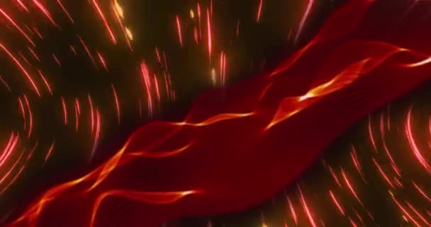 Animacja Świecących Czerwonych Ścieżek Świetlnych Nad Pofałdowanym Czerwonym Dymem Czarnym — Wideo stockowe