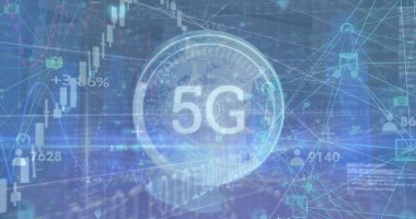 Finansal veri işleme ve dünya çapında 5G ile tarama. Küresel iş, finans ve dijital arayüz kavramı dijital olarak oluşturulmuş görüntü.