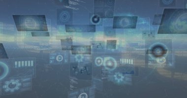 Mavi arkaplan üzerinde hareket eden ekranların veri işleme görüntüsü. Küresel bağlantılar, veri işleme ve dijital arayüz konsepti dijital olarak oluşturulmuş resim.