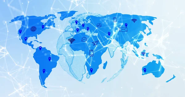Image of world map with location marks and tech icons on light blue background. Global network, connections, communication and technology concept digitally generated image.