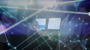 Laboratuvar çalışanları üzerinden bağlantı ağının animasyonu. küresel bilim, bağlantılar, veri işleme ve dijital arayüz kavramı dijital olarak oluşturulmuş video.