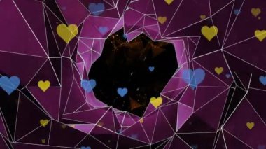 Animation of network of connections with hearts over dark background. Global connections, data processing and digital interface concept digitally generated video.