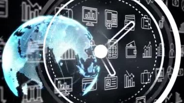 Siyah arka planda finansal simgeler üzerinde dönen saat ve dünyanın animasyonu. Küresel finans, para ve ekonomi kavramı dijital olarak üretilen video.