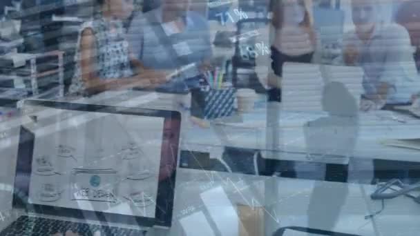 Animation Financial Data Graphs Caucasian Woman Using Laptop Office Business — Video Stock