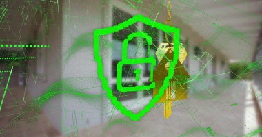 Anahtar ve ev üzerinde asma kilit simgesi ve bağlantı ağı resmi. Küresel teknoloji, bilgisayar ve dijital arayüz kavramı dijital olarak oluşturulmuş görüntü.