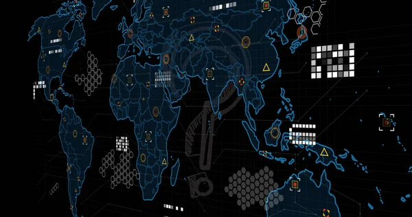 Image of data processing over world map and question mark on black background. Global technology, computing and digital interface concept digitally generated image.