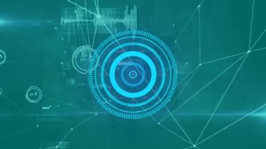 Mavi arkaplandaki bağlantı ağı ve veri işleme ağı üzerinden yuvarlak tarayıcının animasyonu. Küresel ağ ve iş teknolojisi kavramı
