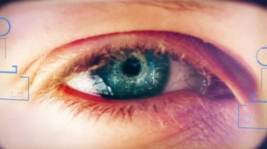 Animation of data processing over eye of caucasian man in glasses. Data processing and bionic eye concept digitally generated video.