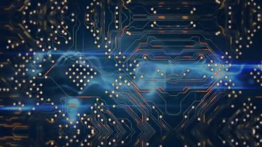 Mavi arkaplan üzerinde mikroişlemci bağlantılarının dijital animasyonu. Bilgisayar arayüzü ve iş teknolojisi kavramı